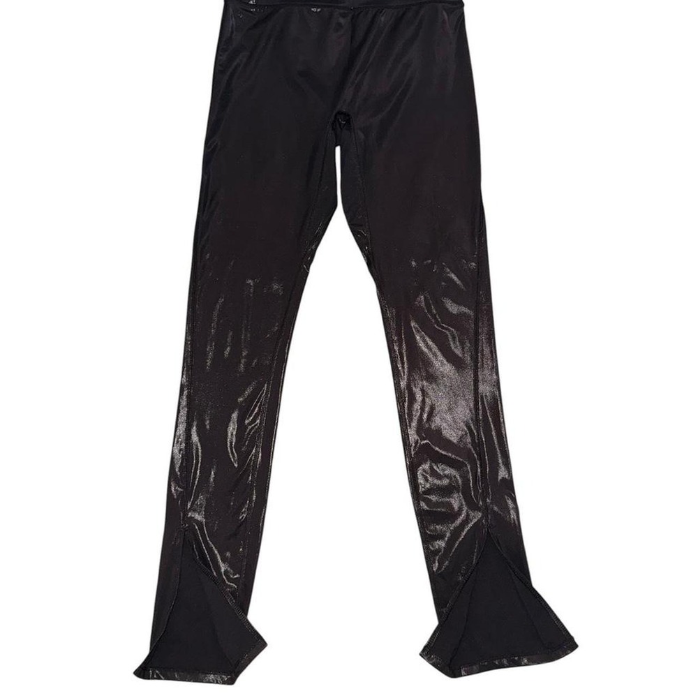 Fabletics Black satin finish split hem pants with a shiny finish